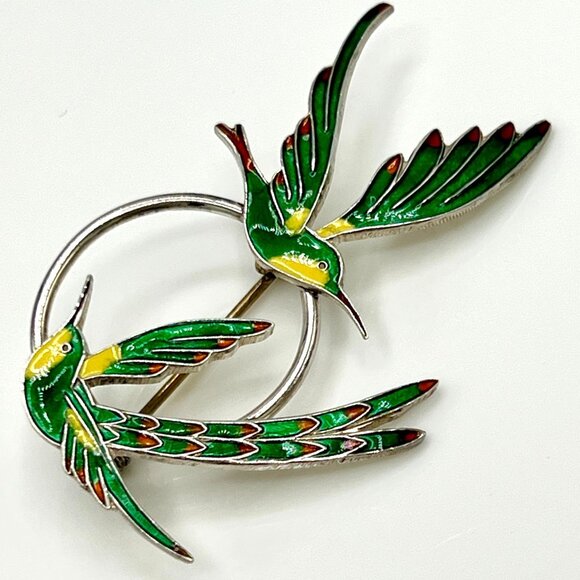A. DRAGSTED Denmark Sterling Silver Enamel Hummingbirds Bird Brooch Pin 1950s - Picture 2 of 8